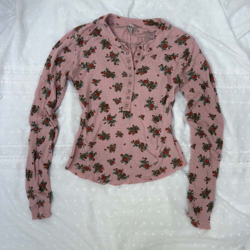 Intimately Free People Rose Floral Thermal Henley Top M Pink